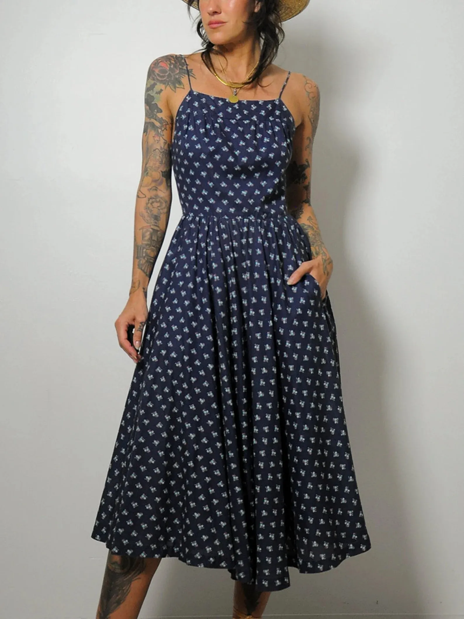 1970's Navy Floral Open Back Sundress