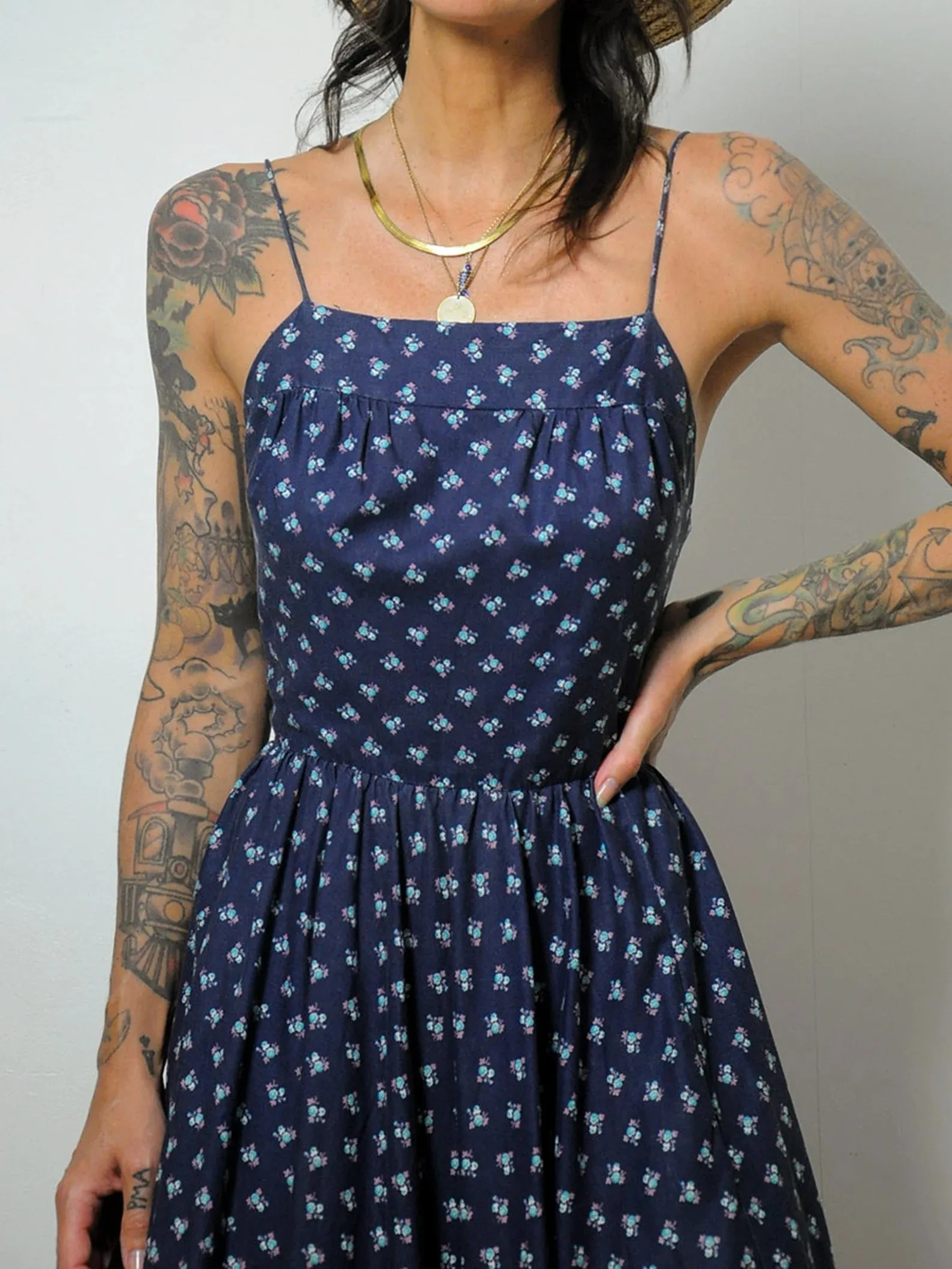 1970's Navy Floral Open Back Sundress