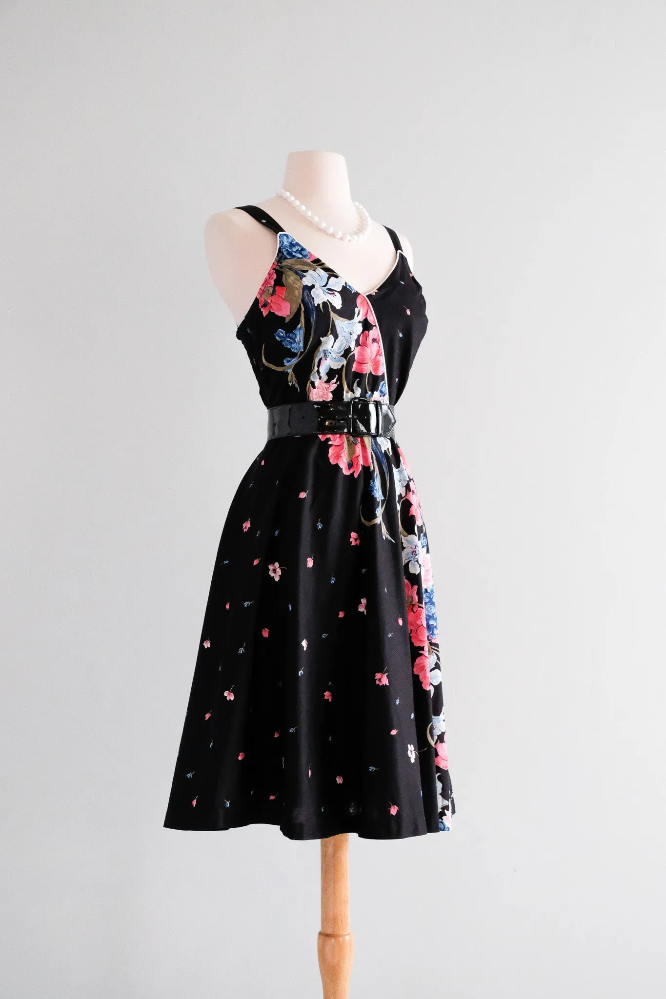 Adorable 1970's Midnight Floral Cotton Sundress / Sz M