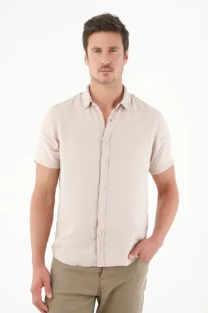 Camisa en 100% lino manga corta café para hombre