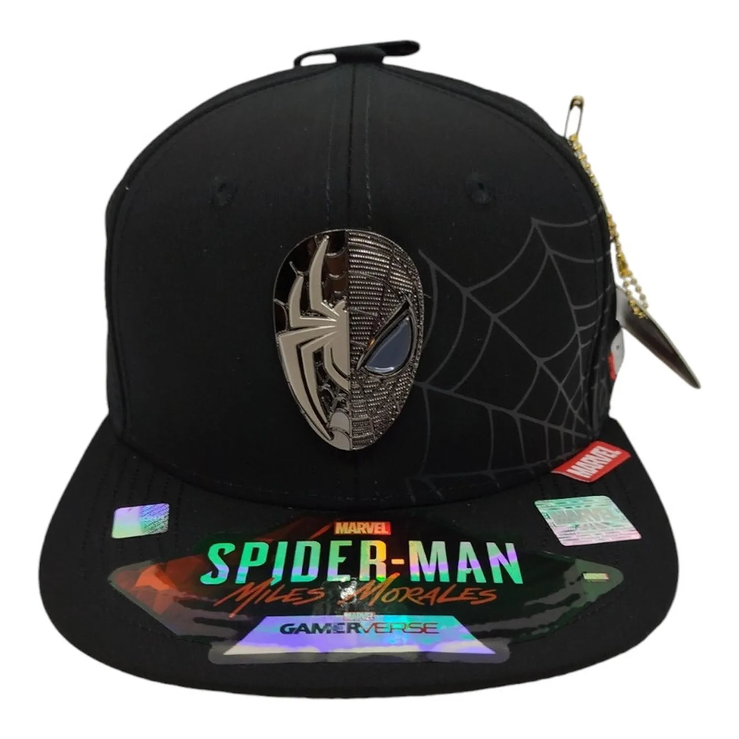 Kndit Caps Gorra Negra Telaraña Placa Plateada Máscara-Araña Miles Morales