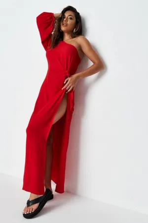 Knot Detailed At The Waist Slit Red Maxi Dress