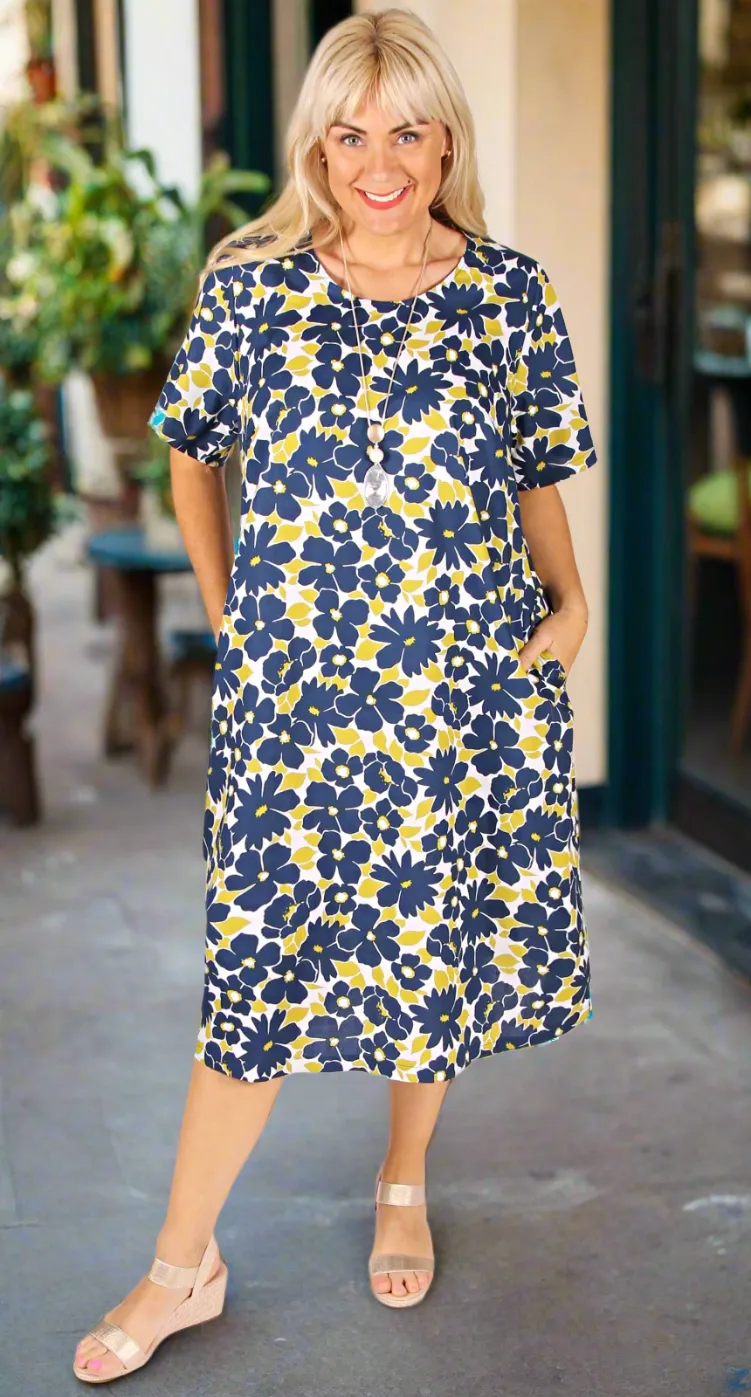 Rosie Round Neck Dress Navy and Lime Cotton