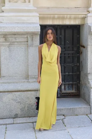 VESTIDO COMPRIDO AMARELO MALHA DECOTE CAIDO