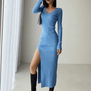 Vestido Tubinho Midi C/ Fenda Manga Longa Tricô